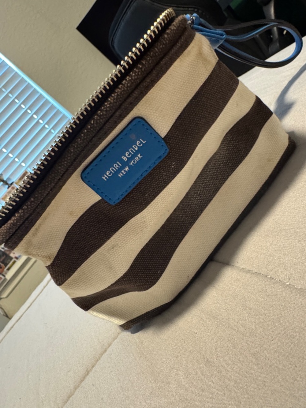 henri bendel Brown and Cream Striped Toiletry Pouch with Blue Patch